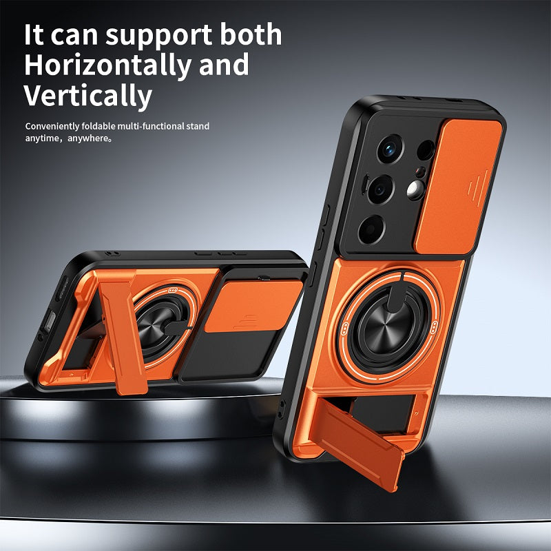 Luxury Slide Camera Lens Cover Case for Tecno Camon 50 4G, Built-in Ring Stand and Folding Stand Magnetic Protective Case
