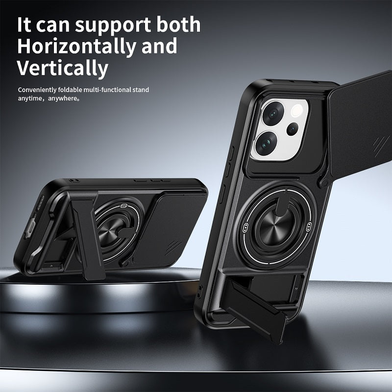 Luxury Slide Camera Lens Cover Case for Vivo V70 5G, Built-in Ring Stand and Folding Stand Magnetic Protective Case