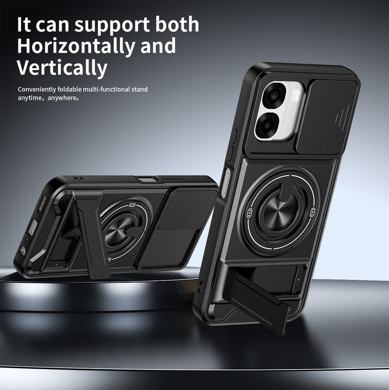 Luxury Slide Camera Lens Cover Case for OPPO A6X 5G/4G, Built-in Ring Stand and Folding Stand Magnetic Protective Case