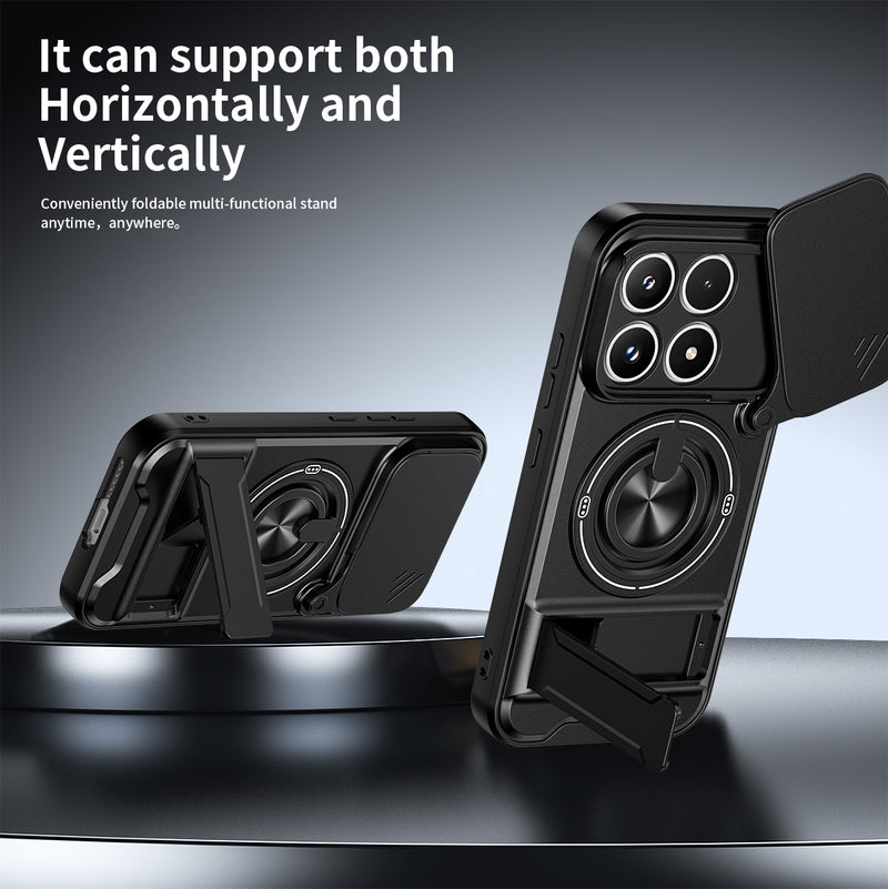 Luxury Slide Camera Lens Cover Case for Xiaomi 17, Built-in Ring Stand and Folding Stand Magnetic Protective Case