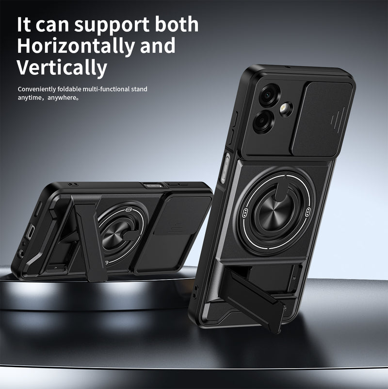 Luxury Slide Camera Lens Cover Case for Samsung Galaxy A07 4G, Built-in Ring Stand and Folding Stand Magnetic Protective Case