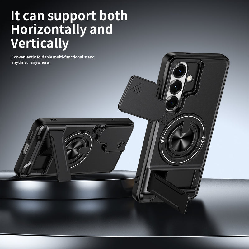 Luxury Slide Camera Lens Cover Case for Samsung Galaxy S26, Built-in Ring Stand and Folding Stand Magnetic Protective Case