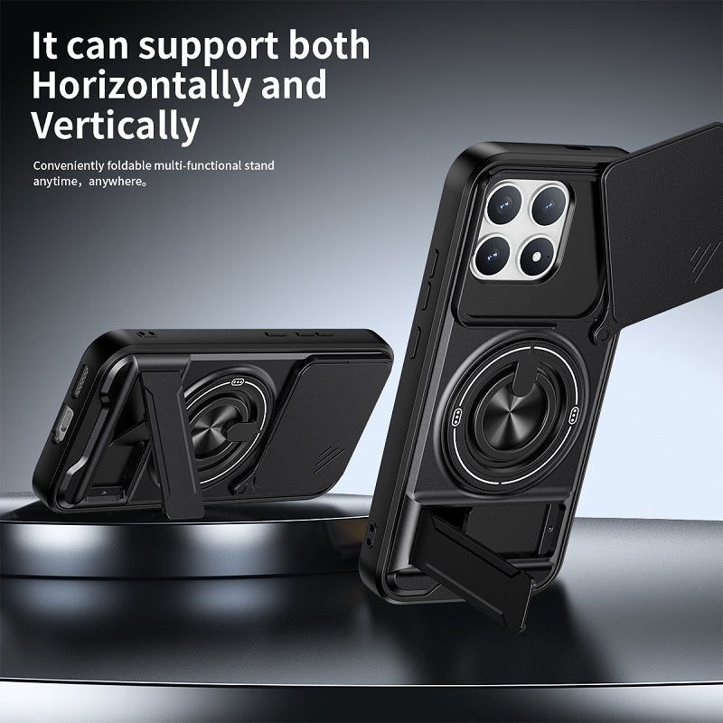 Luxury Slide Camera Lens Cover Case for Xiaomi Poco F8 Pro, Built-in Ring Stand and Folding Stand Magnetic Protective Case