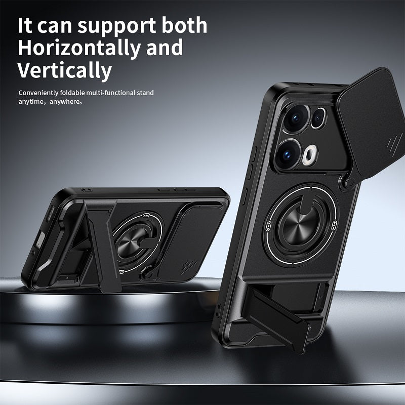 Luxury Slide Camera Lens Cover Case for OPPO Reno 13 Pro 5G, Built-in Ring Stand and Folding Stand Magnetic Protective Case