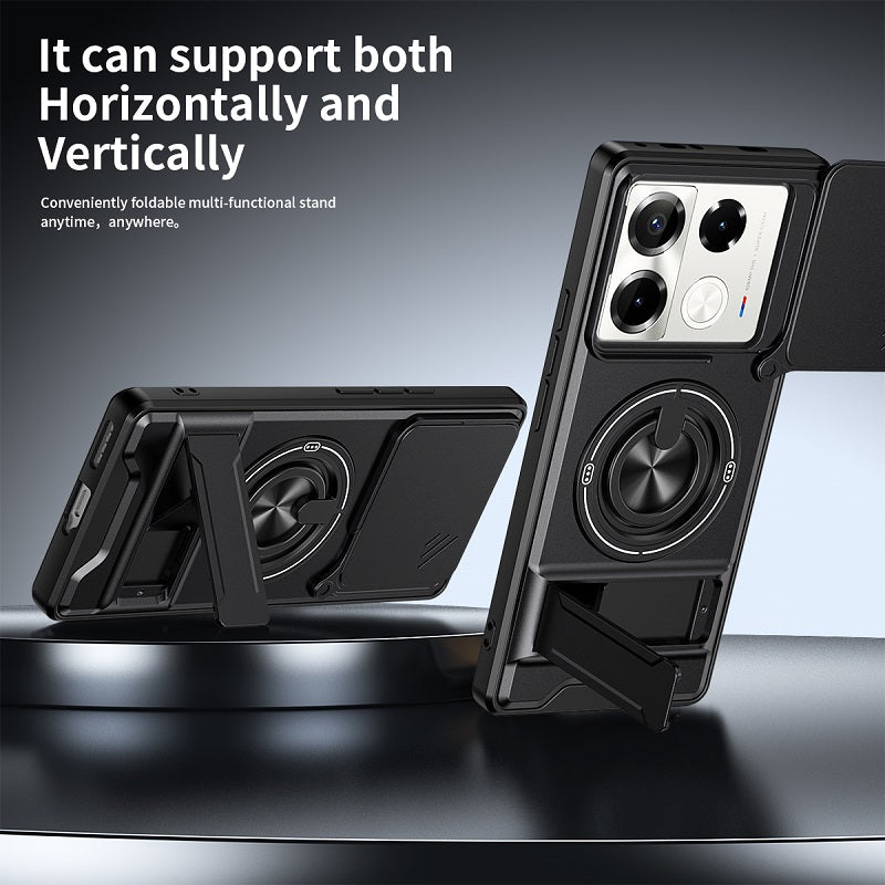 Luxury Slide Camera Lens Cover Case for Infinix Note 40 Pro 5G/4G, Built-in Ring Stand and Folding Stand Magnetic Protective Case