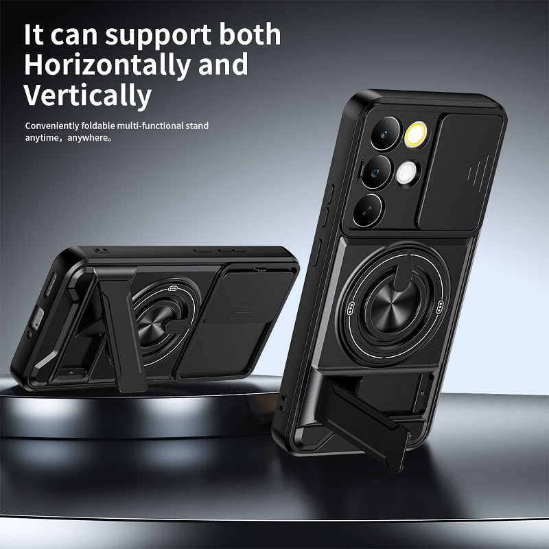 Luxury Slide Camera Lens Cover Case for OPPO Realme C85 Pro 5G, Built-in Ring Stand and Folding Stand Magnetic Protective Case