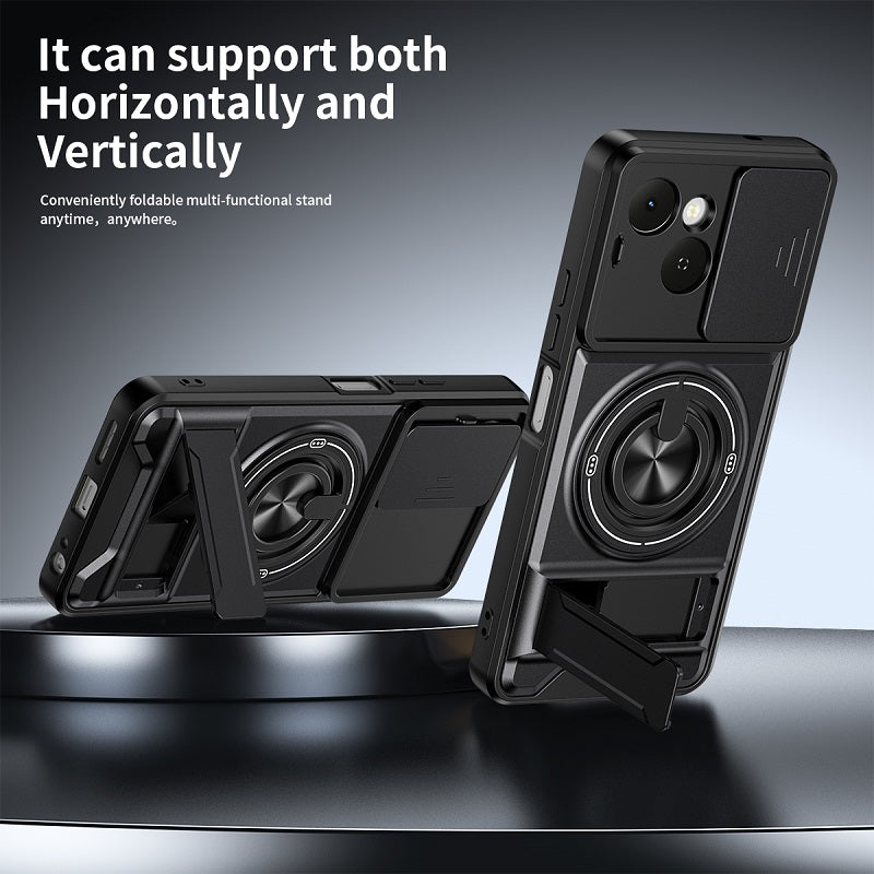 Luxury Slide Camera Lens Cover Case for Tecno Spark 40C 4G, Built-in Ring Stand and Folding Stand Magnetic Protective Case