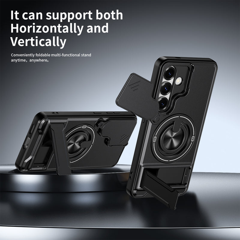 Luxury Slide Camera Lens Cover Case for Samsung Galaxy S25, Built-in Ring Stand and Folding Stand Magnetic Protective Case
