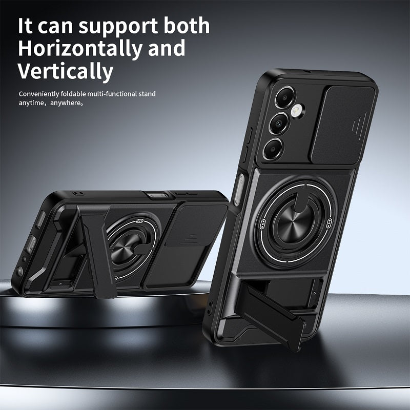 Luxury Slide Camera Lens Cover Case for Samsung Galaxy A05S 4G, Built-in Ring Stand and Folding Stand Magnetic Protective Case