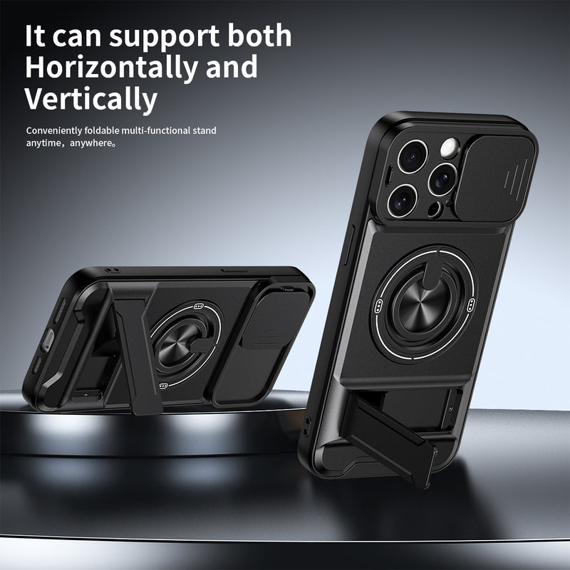 Luxury Slide Camera Lens Cover Case for iPhone 15 Pro Max, Built-in Ring Stand and Folding Stand Magnetic Protective Case