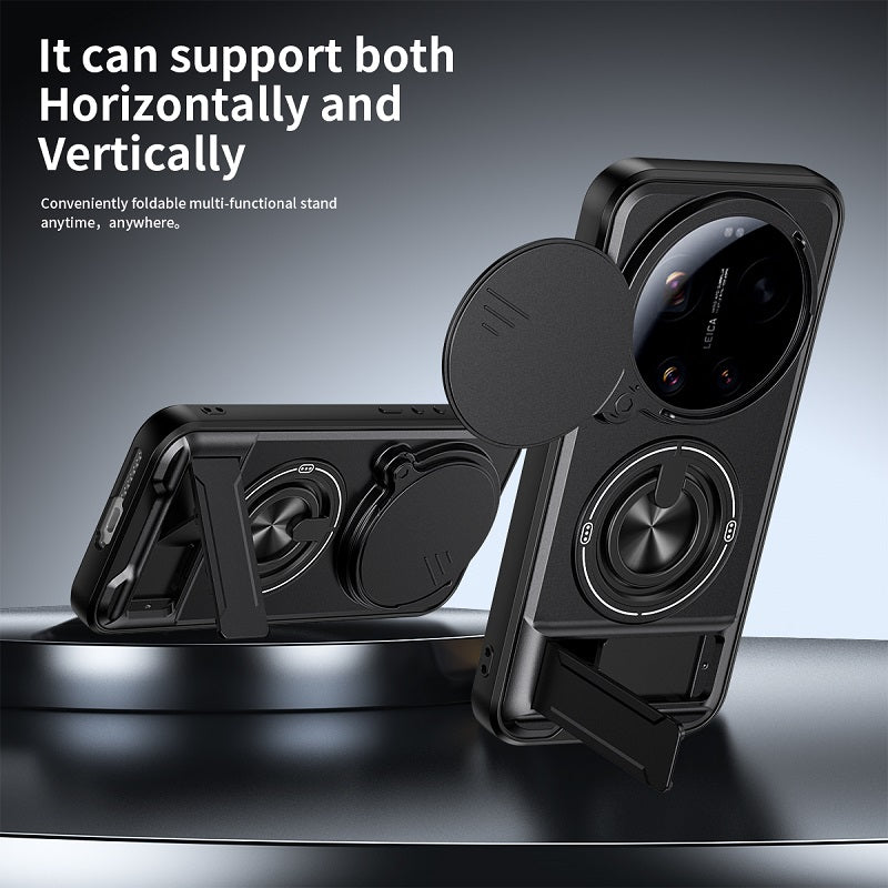 Luxury Slide Camera Lens Cover Case for Xiaomi 17 Ultra 5G, Built-in Ring Stand and Folding Stand Magnetic Protective Case