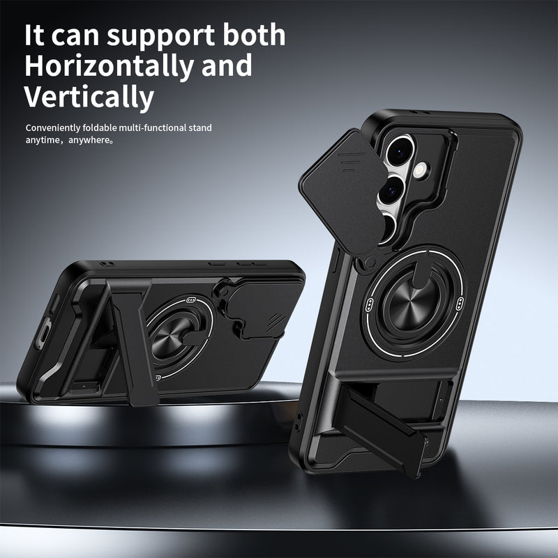 Luxury Slide Camera Lens Cover Case for Samsung Galaxy S24 FE, Built-in Ring Stand and Folding Stand Magnetic Protective Case