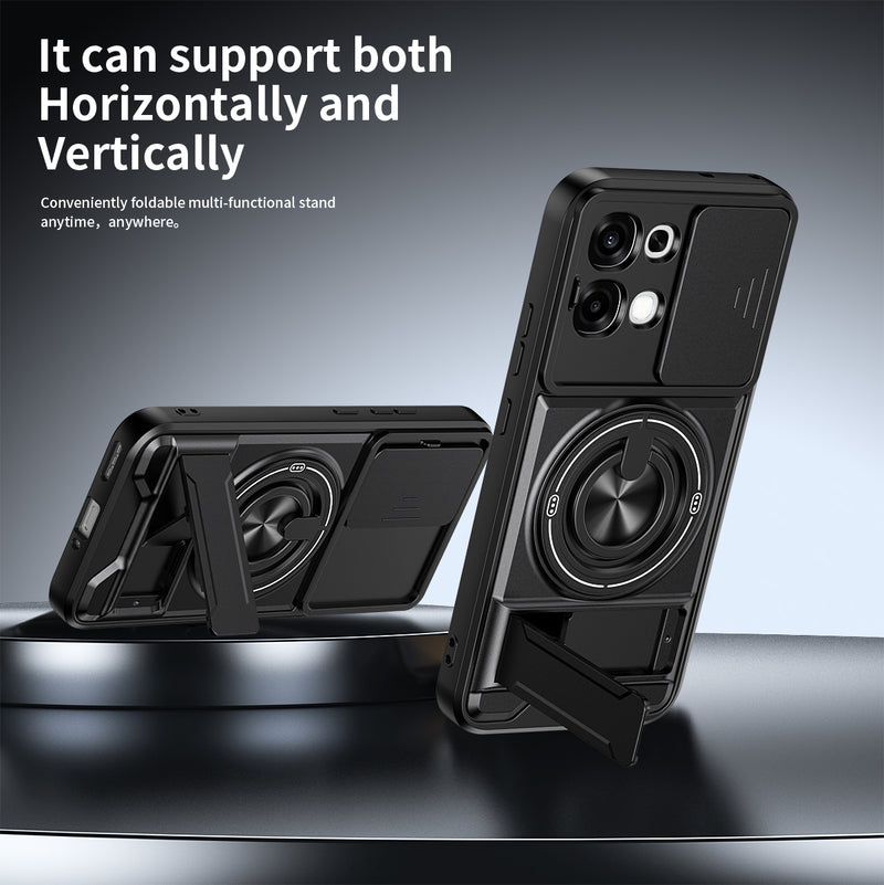 Luxury Slide Camera Lens Cover Case for OPPO A6 Pro 5G/4G, Built-in Ring Stand and Folding Stand Magnetic Protective Case