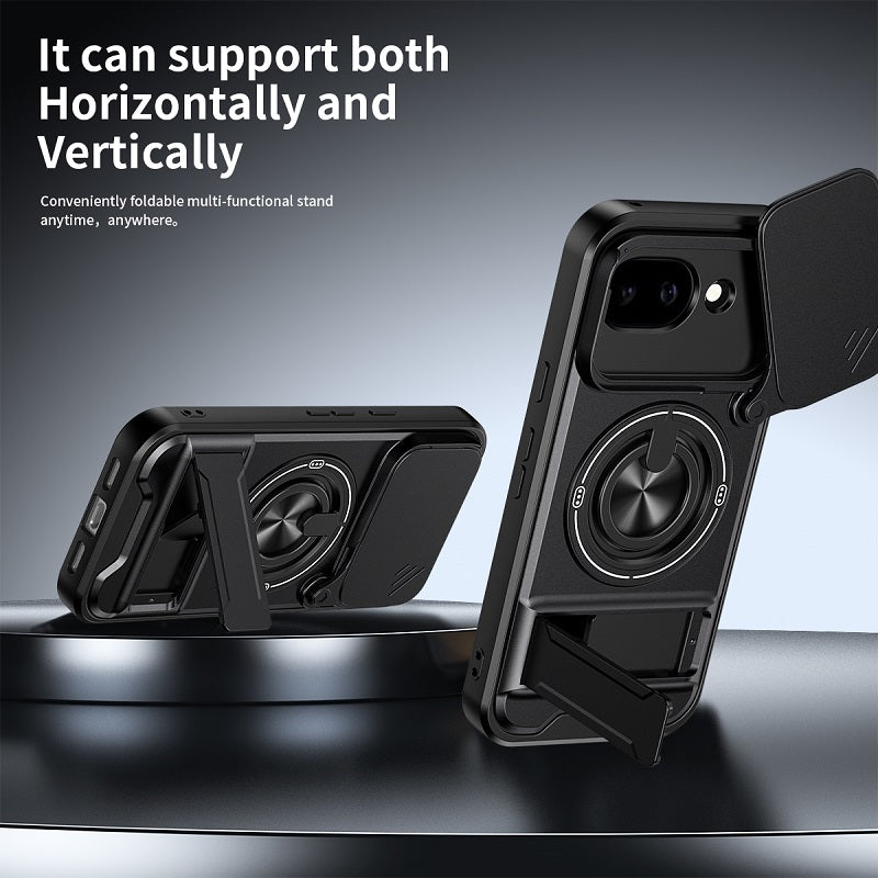 Luxury Slide Camera Lens Cover Case for Google Pixel 10A, Built-in Ring Stand and Folding Stand Magnetic Protective Case