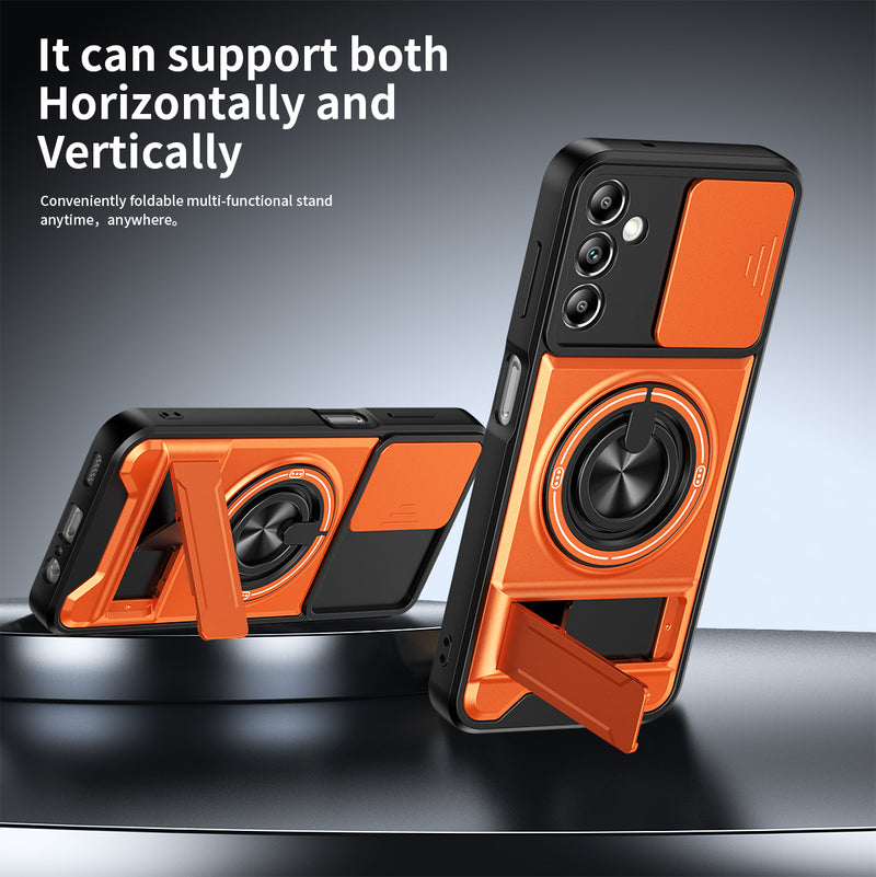 Luxury Slide Camera Lens Cover Case for Samsung Galaxy A14 5G/4G, Built-in Ring Stand and Folding Stand Magnetic Protective Case