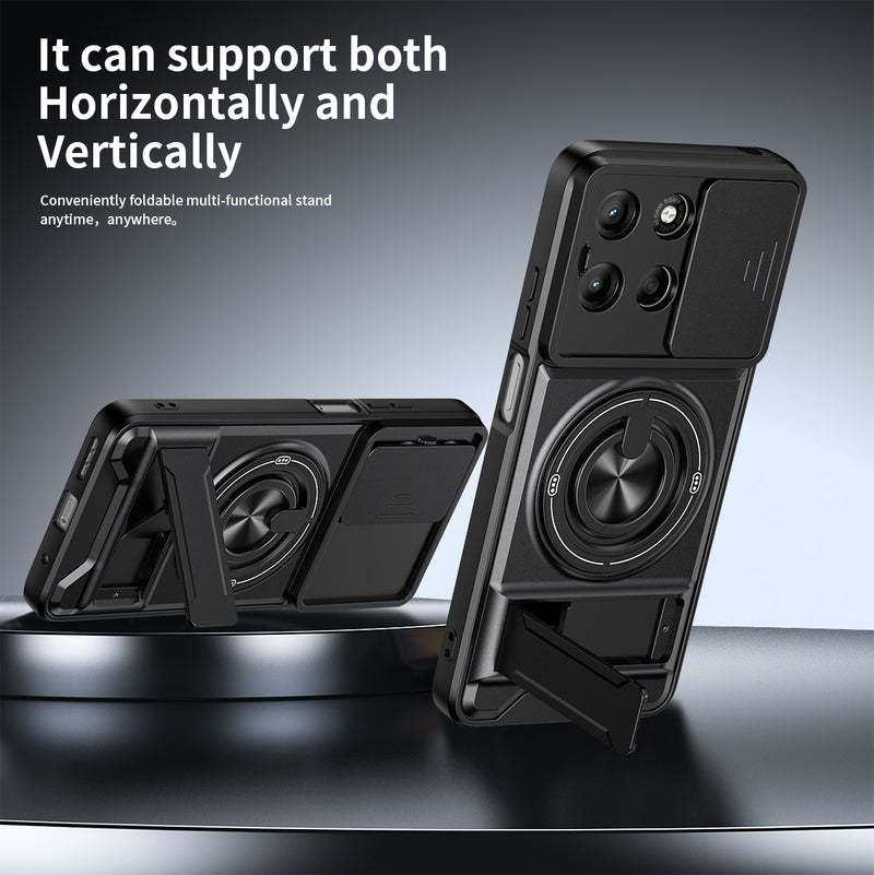 Luxury Slide Camera Lens Cover Case for Motorola Moto G15 4G, Built-in Ring Stand and Folding Stand Magnetic Protective Case