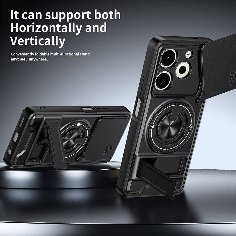 Luxury Slide Camera Lens Cover Case for Tecno Pova 6 Neo 4G, Built-in Ring Stand and Folding Stand Magnetic Protective Case