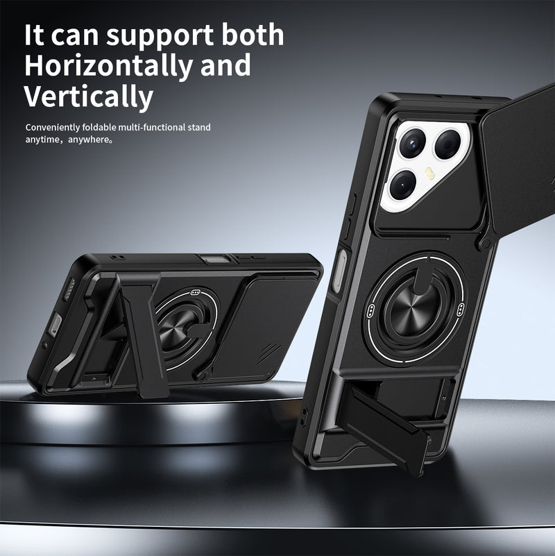 Luxury Slide Camera Lens Cover Case for Tecno Pova 7 5G, Built-in Ring Stand and Folding Stand Magnetic Protective Case