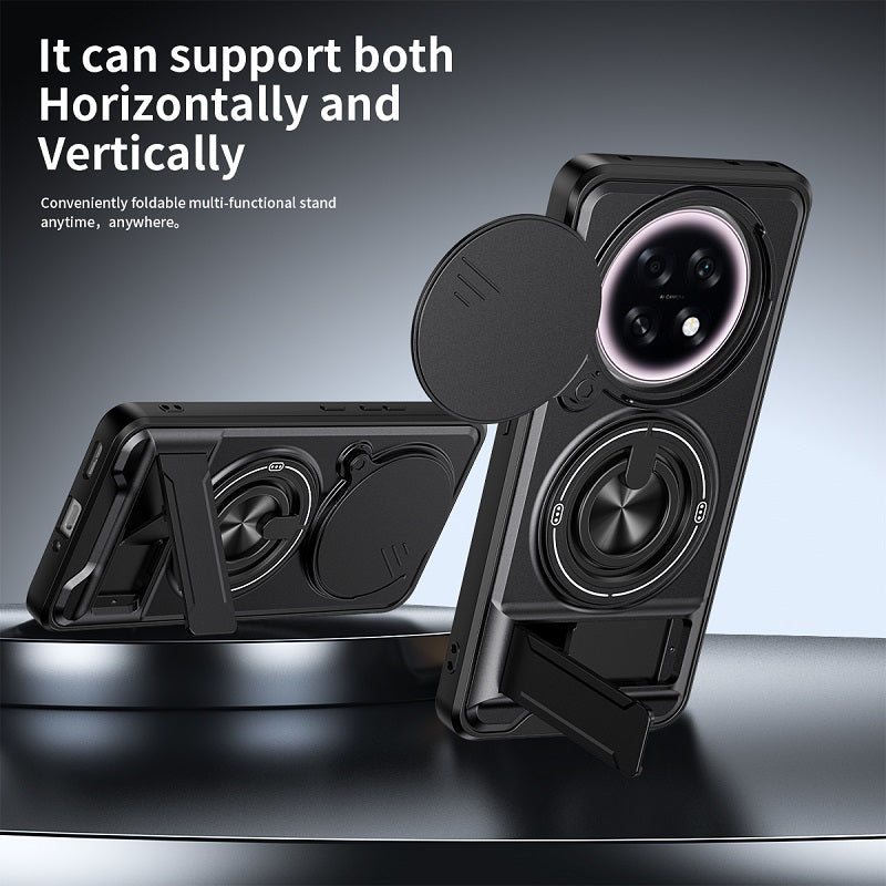 Luxury Slide Camera Lens Cover Case for OPPO F31 Pro+/OPPO A6 GT, Built-in Ring Stand and Folding Stand Magnetic Protective Case