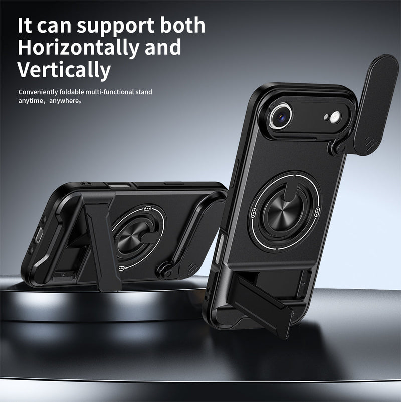 Luxury Slide Camera Lens Cover Case for iPhone 17 Air, Built-in Ring Stand and Folding Stand Magnetic Protective Case