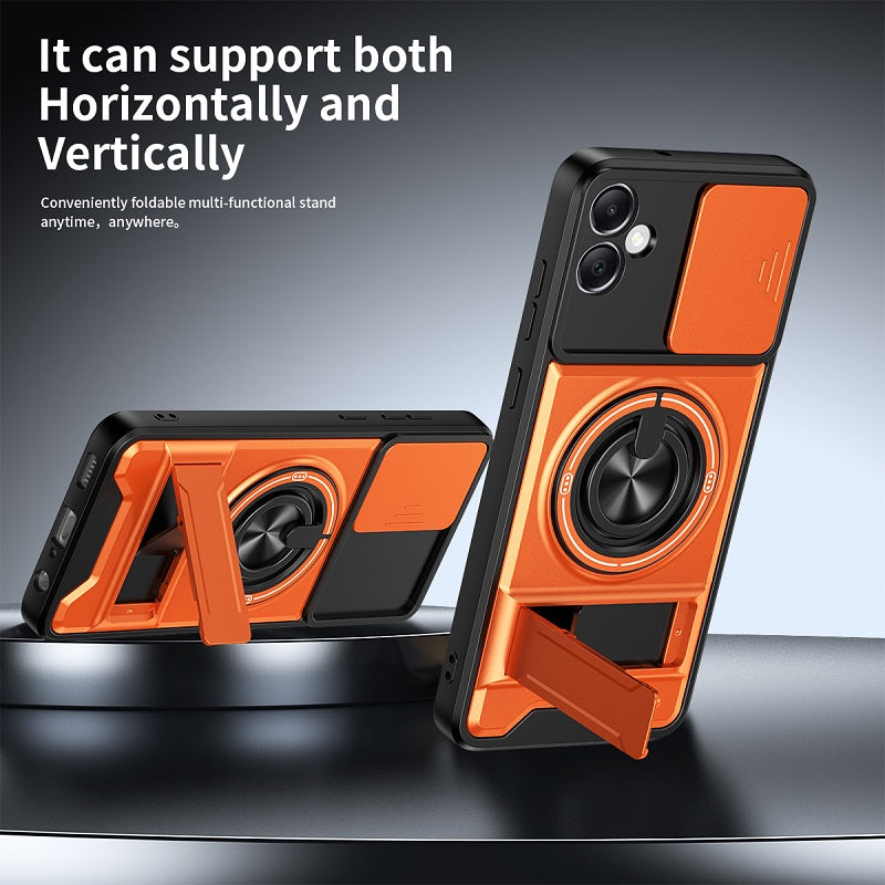Luxury Slide Camera Lens Cover Case for Samsung Galaxy A05 4G, Built-in Ring Stand and Folding Stand Magnetic Protective Case