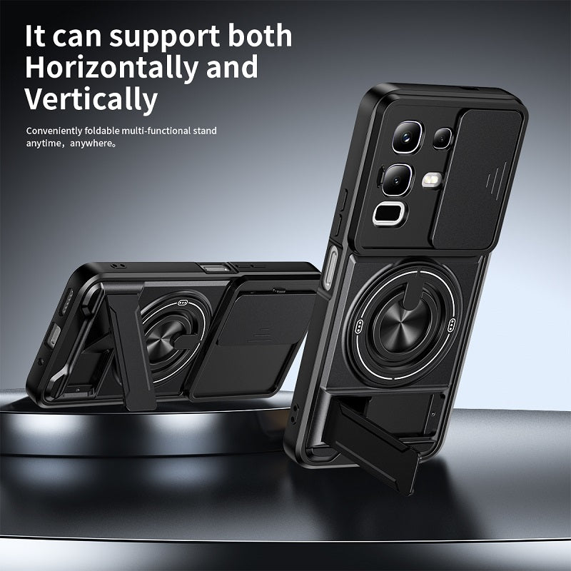Luxury Slide Camera Lens Cover Case for Infinix Note 50X 5G, Built-in Ring Stand and Folding Stand Magnetic Protective Case