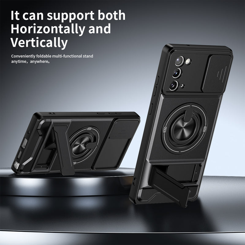 Luxury Slide Camera Lens Cover Case for Samsung Galaxy Note 20, Built-in Ring Stand and Folding Stand Magnetic Protective Case