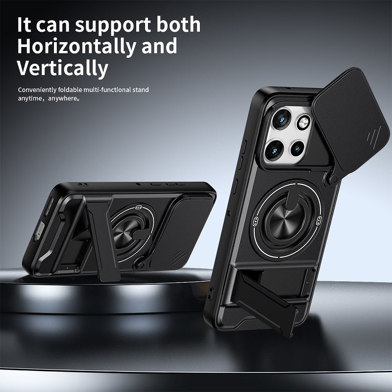 Luxury Slide Camera Lens Cover Case for Motorola Edge 50 Neo 5G, Built-in Ring Stand and Folding Stand Magnetic Protective Case
