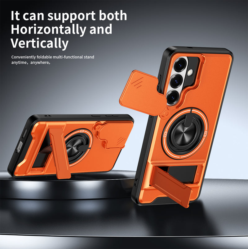 Luxury Slide Camera Lens Cover Case for Samsung Galaxy S26 Plus, Built-in Ring Stand and Folding Stand Magnetic Protective Case