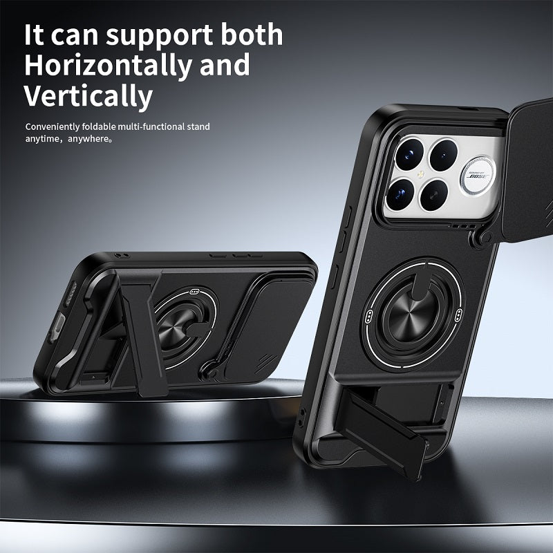 Luxury Slide Camera Lens Cover Case for Xiaomi Poco F8 Ultra, Built-in Ring Stand and Folding Stand Magnetic Protective Case