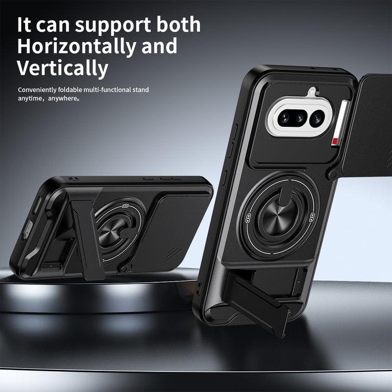 Luxury Slide Camera Lens Cover Case for Nothing Phone (4a) 5G, Built-in Ring Stand and Folding Stand Magnetic Protective Case