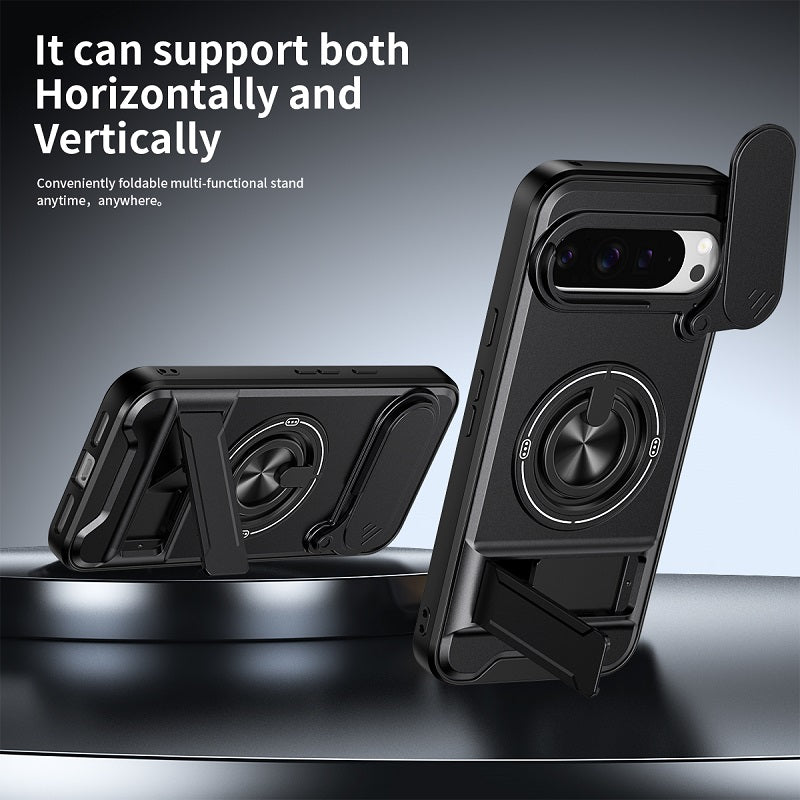 Luxury Slide Camera Lens Cover Case for Google Pixel 9 Pro XL, Built-in Ring Stand and Folding Stand Magnetic Protective Case