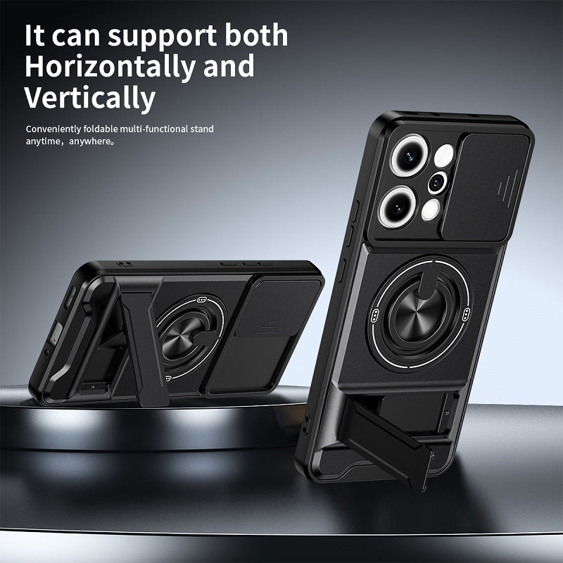 Luxury Slide Camera Lens Cover Case for OPPO Reno 14 Pro 5G, Built-in Ring Stand and Folding Stand Magnetic Protective Case