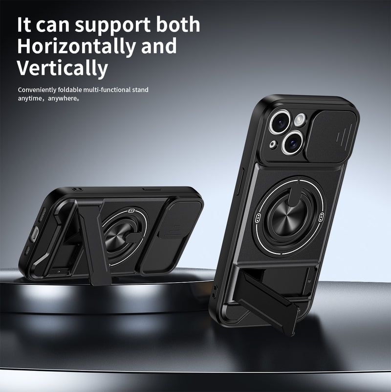 Luxury Slide Camera Lens Cover Case for iPhone 15, Built-in Ring Stand and Folding Stand Magnetic Protective Case