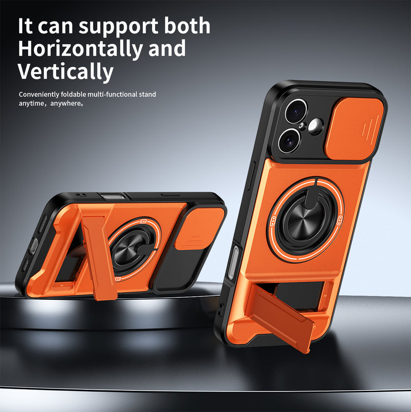 Luxury Slide Camera Lens Cover Case for iPhone 16 Plus, Built-in Ring Stand and Folding Stand Magnetic Protective Case