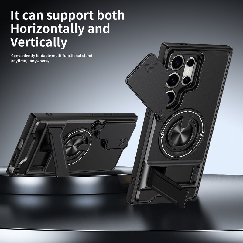 Luxury Slide Camera Lens Cover Case for Samsung Galaxy S24 Ultra, Built-in Ring Stand and Folding Stand Magnetic Protective Case