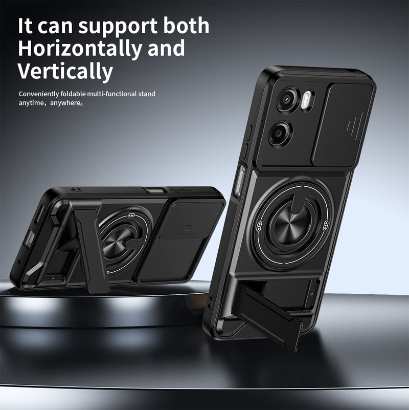 Luxury Slide Camera Lens Cover Case for Motorola Moto G05 4G, Built-in Ring Stand and Folding Stand Magnetic Protective Case