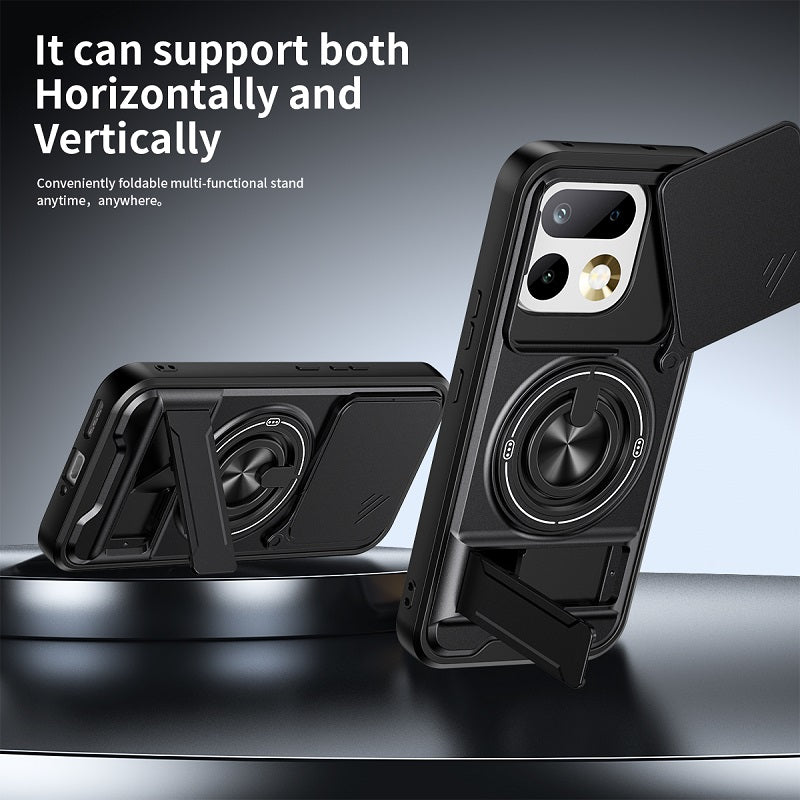 Luxury Slide Camera Lens Cover Case for OPPO Realme 16 Pro 5G, Built-in Ring Stand and Folding Stand Magnetic Protective Case
