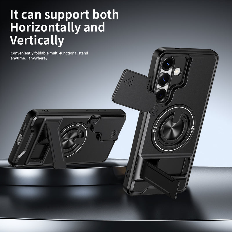 Luxury Slide Camera Lens Cover Case for Samsung Galaxy S25 Plus, Built-in Ring Stand and Folding Stand Magnetic Protective Case