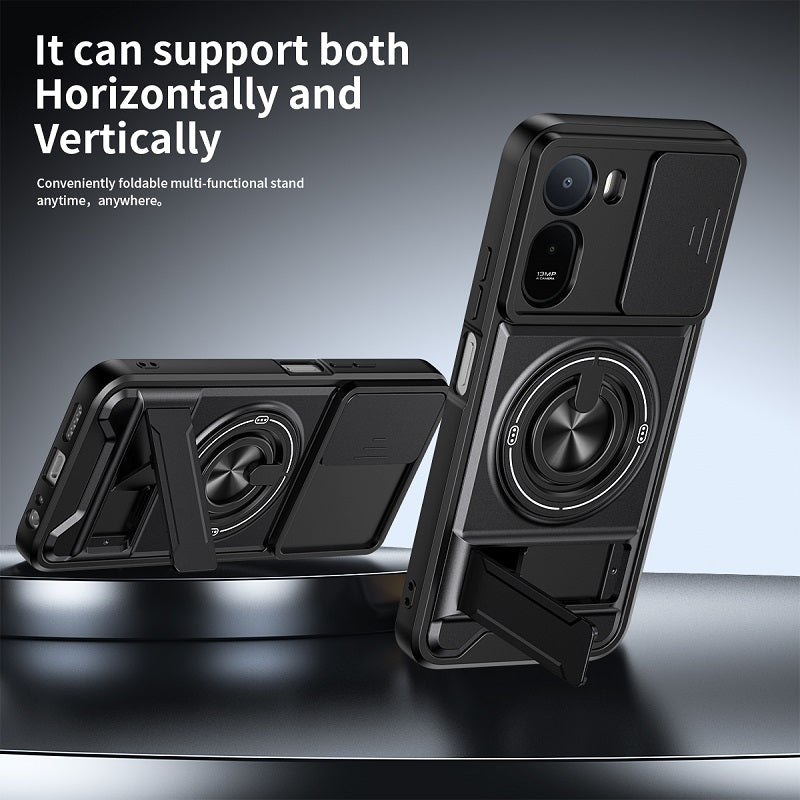 Luxury Slide Camera Lens Cover Case for Xiaomi Redmi A7 Pro 4G, Built-in Ring Stand and Folding Stand Magnetic Protective Case