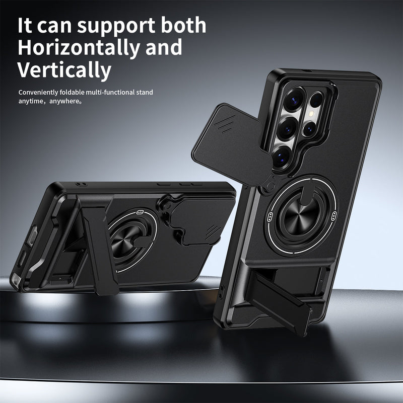 Luxury Slide Camera Lens Cover Case for Samsung Galaxy S25 Ultra, Built-in Ring Stand and Folding Stand Magnetic Protective Case