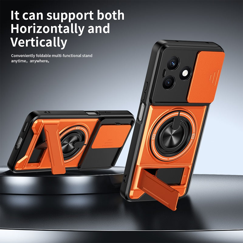 Luxury Slide Camera Lens Cover Case for Honor X8D, Built-in Ring Stand and Folding Stand Magnetic Protective Case