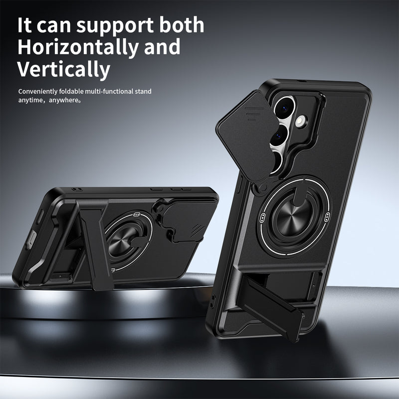 Luxury Slide Camera Lens Cover Case for Samsung Galaxy S25 FE, Built-in Ring Stand and Folding Stand Magnetic Protective Case