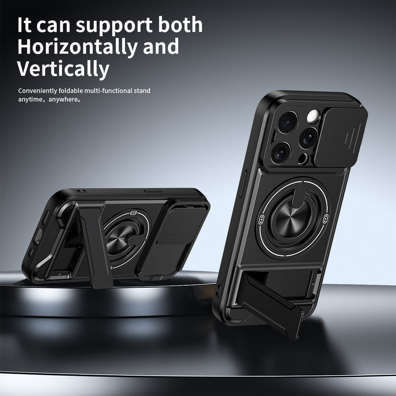 Luxury Slide Camera Lens Cover Case for iPhone 15 Pro, Built-in Ring Stand and Folding Stand Magnetic Protective Case