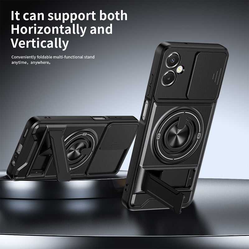 Luxury Slide Camera Lens Cover Case for Samsung Galaxy A06 5G/4G, Built-in Ring Stand and Folding Stand Magnetic Protective Case