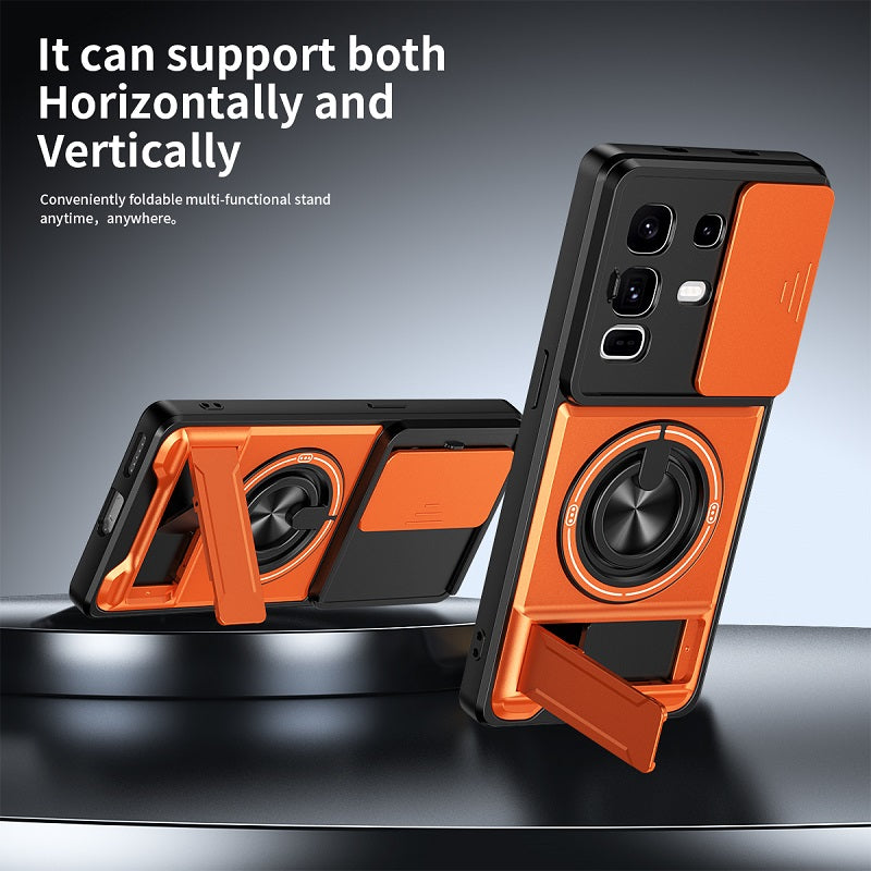 Luxury Slide Camera Lens Cover Case for Infinix Note 50 Pro+/Plus 5G, Built-in Ring Stand and Folding Stand Magnetic Protective Case