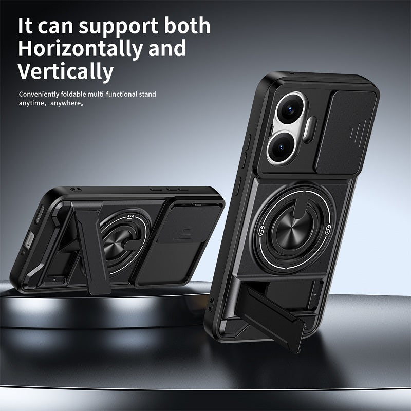Luxury Slide Camera Lens Cover Case for Xiaomi Redmi Turbo 4 Pro/Poco F7, Built-in Ring Stand and Folding Stand Magnetic Protective Case