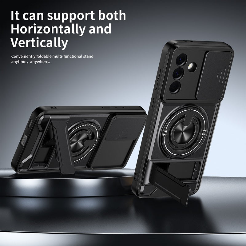 Luxury Slide Camera Lens Cover Case for Samsung Galaxy A56 5G, Built-in Ring Stand and Folding Stand Magnetic Protective Case