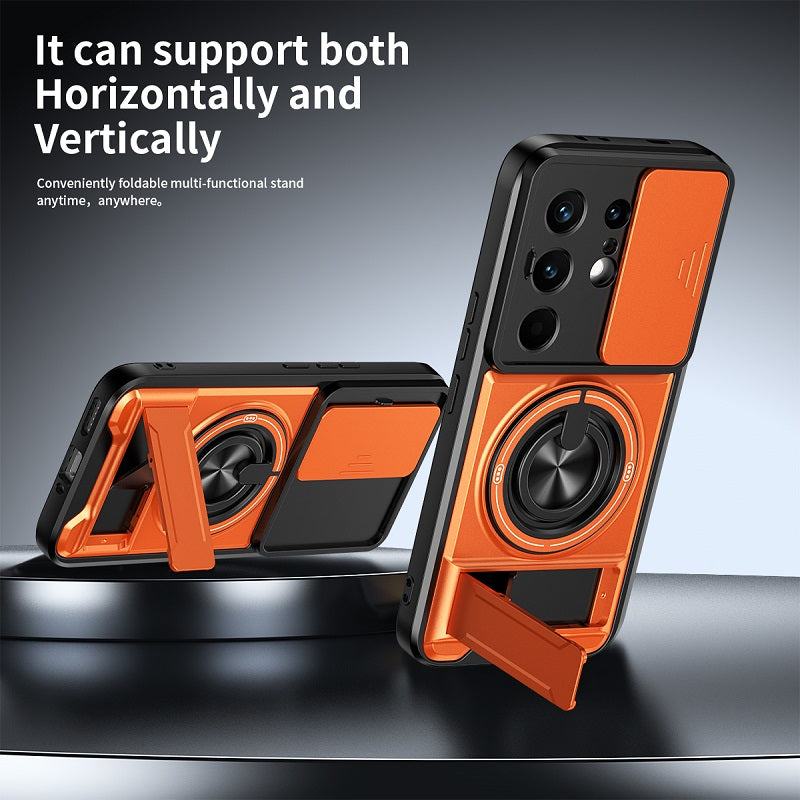 Luxury Slide Camera Lens Cover Case for Tecno Camon 50 Pro 4G, Built-in Ring Stand and Folding Stand Magnetic Protective Case