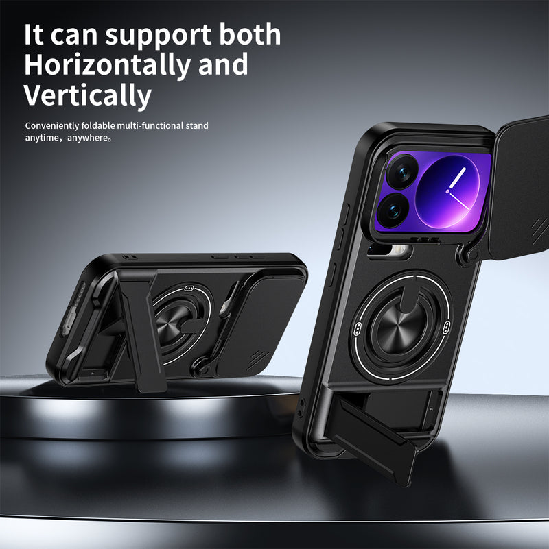 Luxury Slide Camera Lens Cover Case for Xiaomi 17 Pro, Built-in Ring Stand and Folding Stand Magnetic Protective Case
